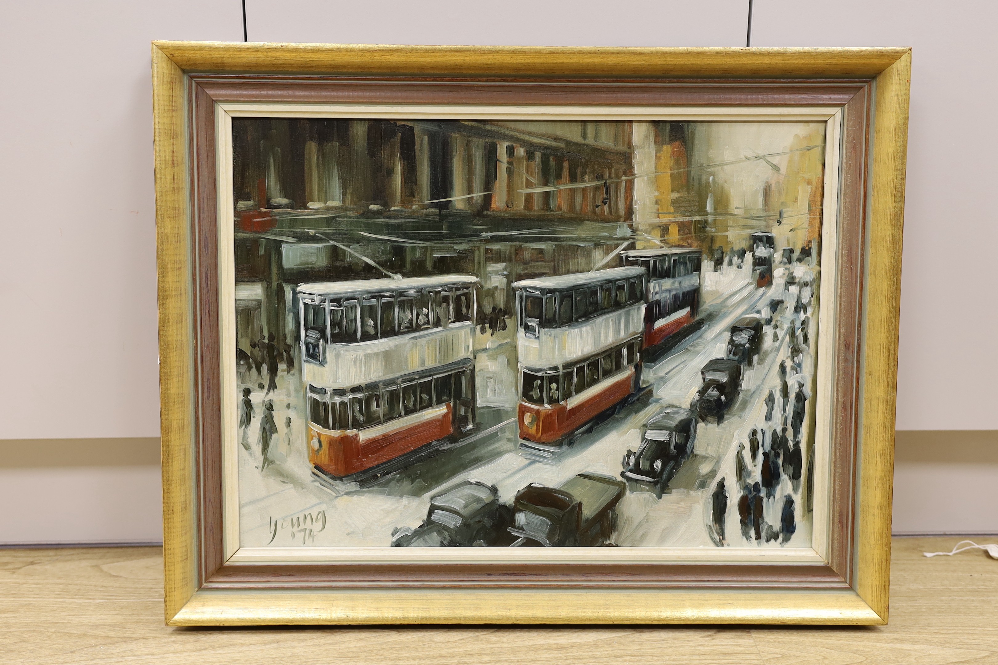 Malcolm Young (b.1937), oil on board, Street scene with trams, signed and dated '74, 44 x 59cm